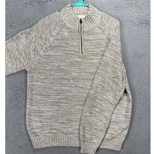 Lucky Brand Sweater Adult XL Tan Knitted Quarter Zip Pullover Mock‎ Neck Mens